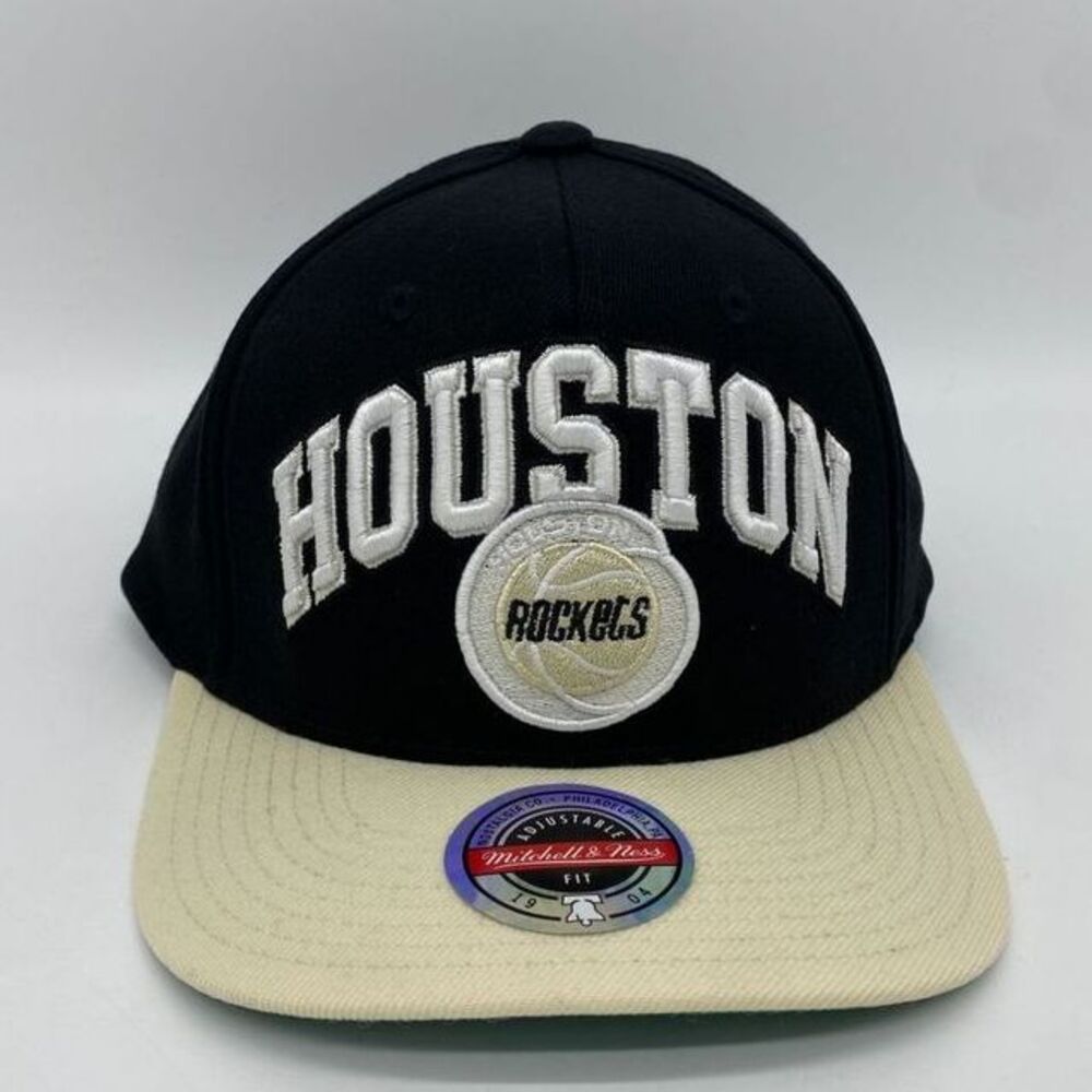 Mitchell Ness Houston Rockets Black‎ Cream Snapback Hat Adjustable Mens